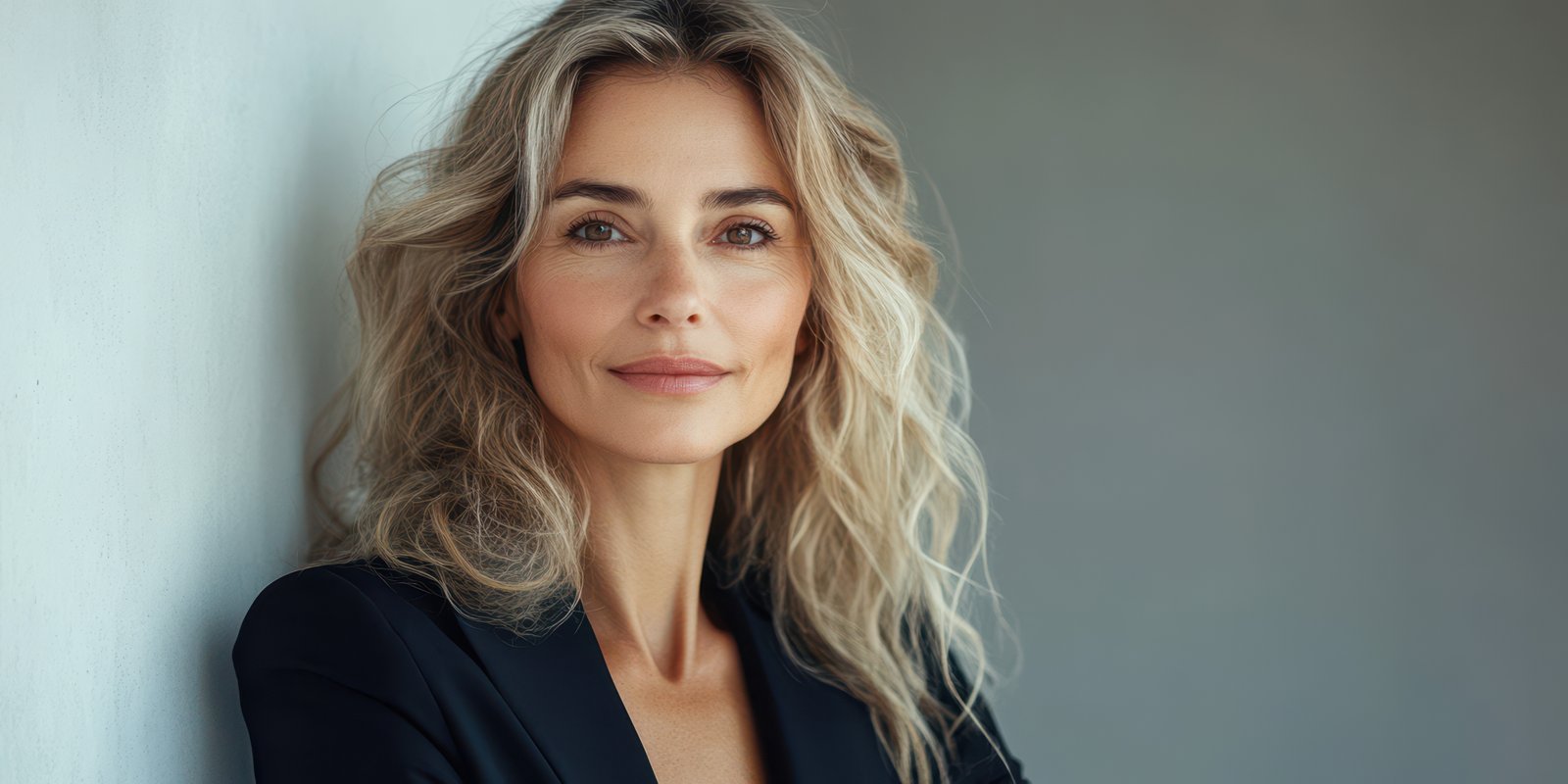Portrait of a woman with curly hair wearing a dark blazer in a minimalist setting